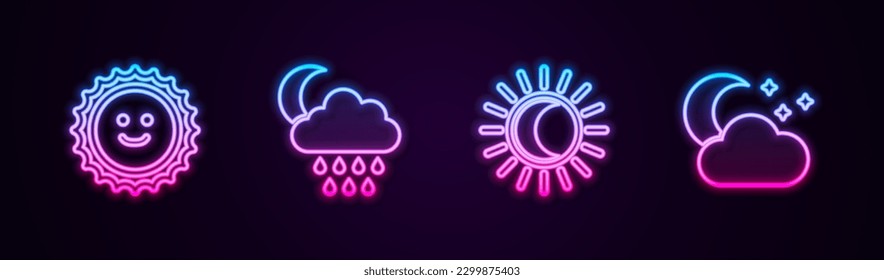 Set line Sun, Cloud with rain and moon, Eclipse of the sun and stars. Glowing neon icon. Vector