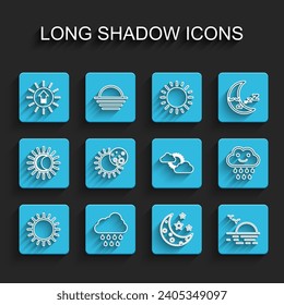 Set line Sun, Cloud with rain, Sunset, Moon and stars, Eclipse of the sun,  and cloud weather icon. Vector