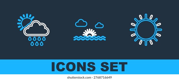 Set line Sun, Cloud with rain and sun and Sunset icon. Vector