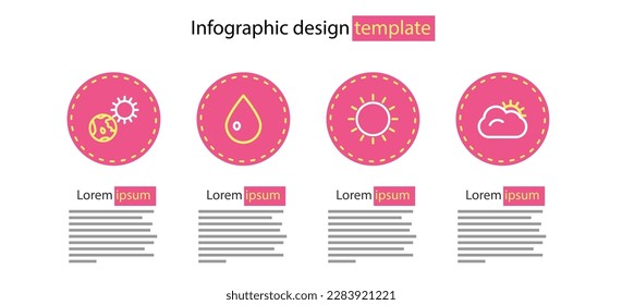 Set line Sun, and cloud, Water drop and Earth globe sun icon. Vector