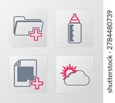Set line Sun and cloud weather, Add new file, Baby bottle and folder icon. Vector