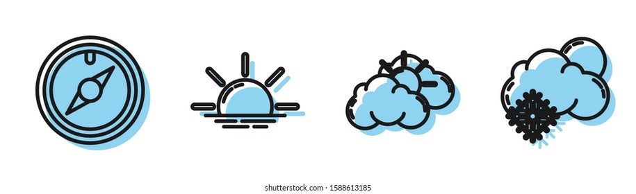 Set line Sun and cloud weather, Wind rose, Sunrise and Cloud with snow and sun icon. Vector