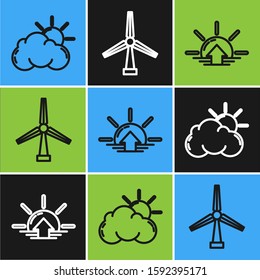 Set line Sun and cloud weather, Sunrise and Wind turbine icon. Vector