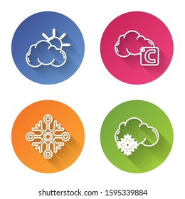 Set line Sun and cloud weather, Celsius and cloud, Snowflake and Cloud with snow. Color circle button. Vector