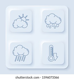 Set line Sun and cloud weather, Cloud with rain, Cloud with rain and Thermometer. White square button. Vector