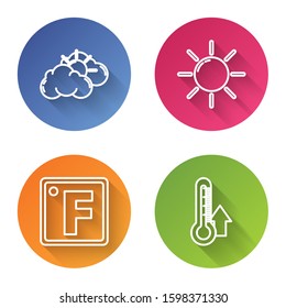 Set line Sun and cloud weather, Sun, Fahrenheit and Thermometer. Color circle button. Vector