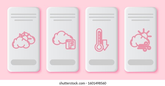 Set line Sun and cloud weather, Fahrenheit and cloud, Thermometer and Windy weather. White rectangle button. Vector