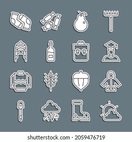 Set line Sun and cloud weather, Raincoat, Graduate graduation cap, Pear, Bottle of wine, Winter hat, Socks and School backpack icon. Vector