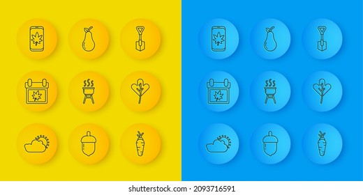 Set line Sun and cloud weather, Calendar with autumn leaves, Barbecue grill, Carrot, Leaf or, on mobile phone, Shovel and Pear icon. Vector