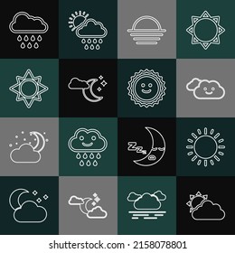 Fija la línea Sol y clima en la nube, Nube, Atardecer, con estrellas de la luna, lluvia e ícono. Vector