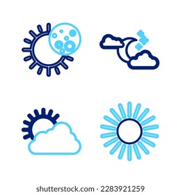 Set line Sun, and cloud weather, Cloud with moon stars and Eclipse of sun icon. Vector