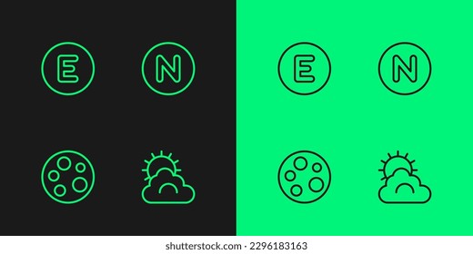 Legen Sie die Linie Sonne und Wolken Wetter, Mond, Compass West und Nord Symbol. Vektorgrafik