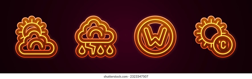 Set line Sun and cloud weather, Cloud lightning, Compass north and . Glowing neon icon. Vector