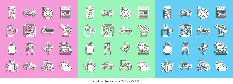 Set line Sun and cloud weather, Soil ph testing, Strawberry bush, Garden hose, Plant, Watering can, Jam jar and Pickup truck icon. Vector