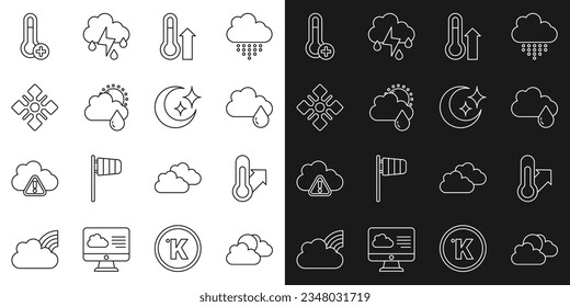 Set line Sun and cloud weather, Meteorology thermometer, Cloud with rain, sun, Snowflake,  and Moon stars icon. Vector