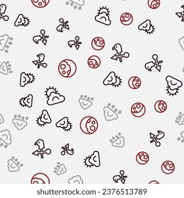 Set line Sun and cloud weather, Rooster vane, Cloud with snow and Moon phases on seamless pattern. Vector