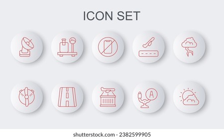 Set line Sun and cloud weather, Plane propeller, No cell phone, Aircraft steering helm, Radar, Scale with suitcase, Airport runway and  icon. Vector