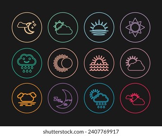 Set line Sun and cloud weather, Sunset, Eclipse of sun, Cloud with rain, moon stars,  and  icon. Vector