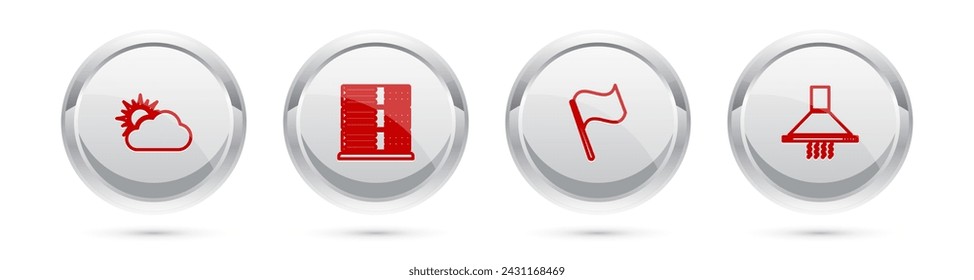 Set line Sun and cloud weather, Server, Data, Web Hosting, Flag and Kitchen extractor fan. Silver circle button. Vector