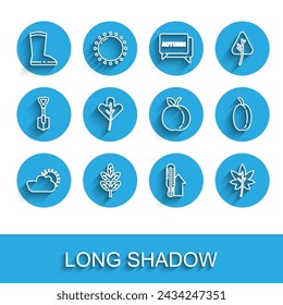 Set line Sun and cloud weather, Leaf or leaves, Waterproof rubber boot, Meteorology thermometer, Plum fruit and Peach icon. Vector