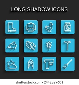 Set line Sun and cloud weather, Winter hat, Waterproof rubber boot, scarf, Handle broom, Socks, Garden rake and Wheat icon. Vector