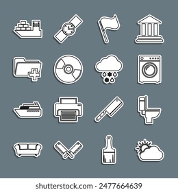 Set line Sun and cloud weather, Toilet bowl, Washer, Flag, CD or DVD disk, Add new folder, Cargo ship and Cloud with snow rain icon. Vector