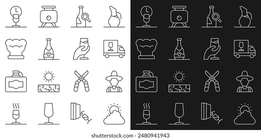 Set line Sun and cloud weather, Farmer in hat, Wine truck, Bottle of wine, Champagne bottle, Chef, time and tasting, degustation icon. Vector
