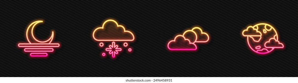 Set line Sun and cloud weather, Sunset, Cloud with snow and Earth planet clouds. Glowing neon icon. Vector