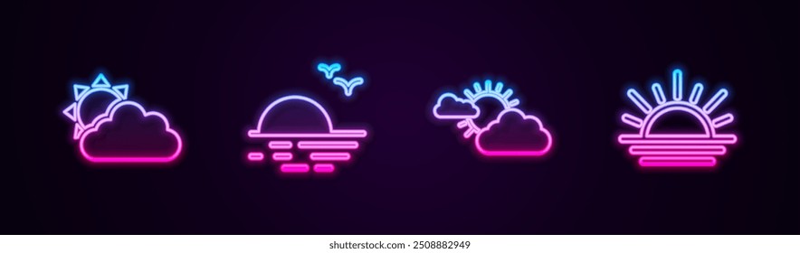 Set line Sun and cloud weather, Sunset,  and . Glowing neon icon. Vector