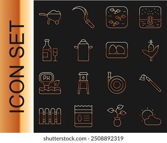 Set line Clima de sol y nube, azada de jardín, maíz, planta, envase de lata para leche, botella de vino con vidrio, suciedad de carretilla e ícono de huevo de pollo. Vector