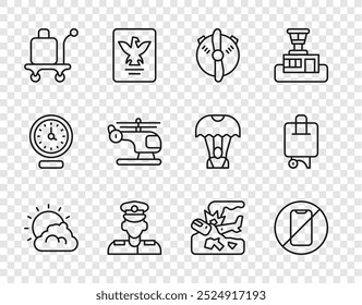 Set line Sun and cloud weather, No cell phone, Plane propeller, Pilot, Trolley baggage, Helicopter, crash and Suitcase icon. Vector