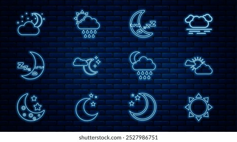 Set line Sun, and cloud weather, Moon icon, Cloud with moon stars, rain and sun icon. Vector