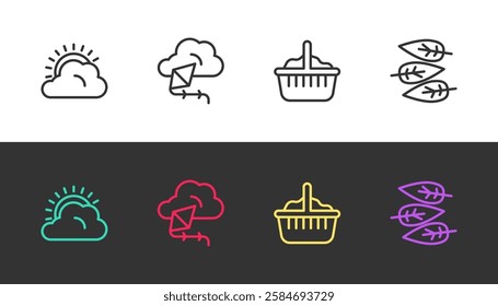 Set line Sun and cloud weather, Kite, Basket and Leaf or leaves on black and white. Vector