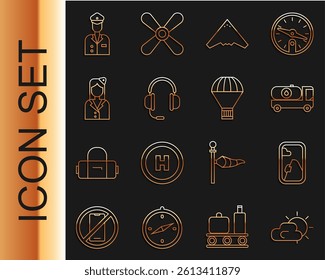 Set line Sun and cloud weather, Airplane window, Fuel tanker truck, Jet fighter, Headphones with microphone, Stewardess, Pilot and Box flying parachute icon. Vector