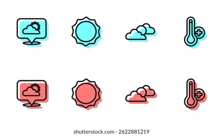 Set line Sun and cloud weather, Location,  and Meteorology thermometer icon. Vector