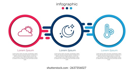 Set line Sun and cloud weather, Moon stars and Meteorology thermometer. Business infographic template. Vector