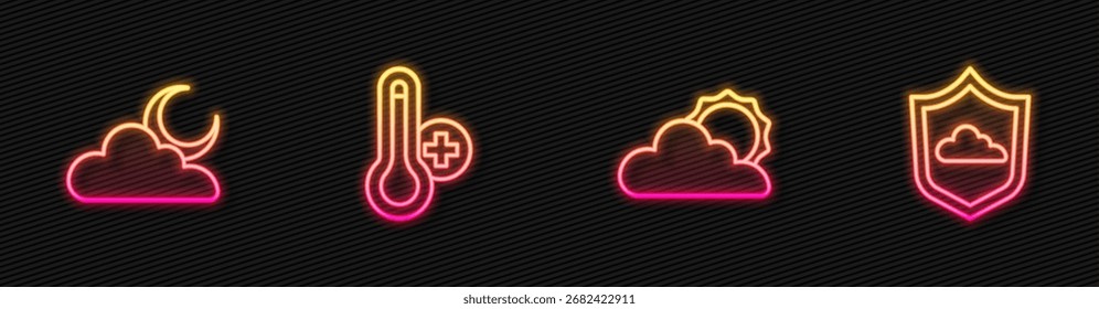 Clima solar y nuboso, Nube con luna, Termómetro de meteorología y pronóstico de Clima. Icono de neón brillante. Vector
