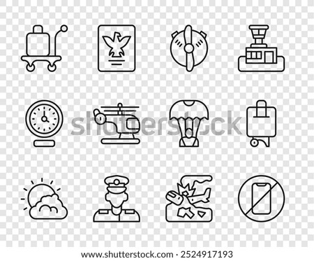 Set line Sun and cloud weather, No cell phone, Plane propeller, Pilot, Trolley baggage, Helicopter, crash and Suitcase icon. Vector