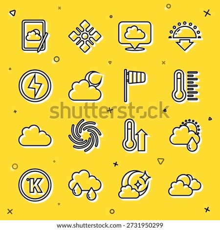 Set line Sun and cloud weather, Cloud with rain sun, Meteorology thermometer, Location, moon, Lightning bolt, Weather forecast and Cone windsock wind vane icon. Vector