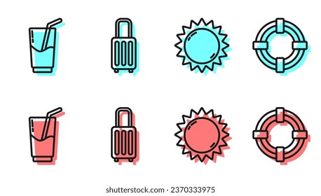 Set line Sun, Cocktail and alcohol drink, Suitcase and Lifebuoy icon. Vector