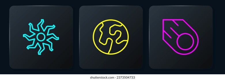 Set line Sun, Comet and Earth globe. Black square button. Vector