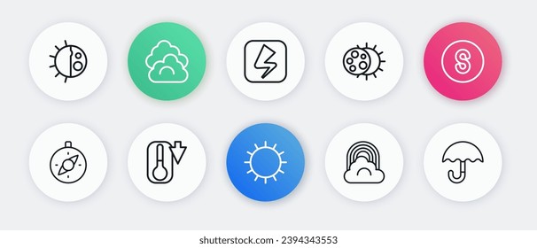 Fijar línea Sol, Compass sur, Arcoiris con nube, Eclipse del sol, Rayo, Paraguas y Icono Termómetro. Vector