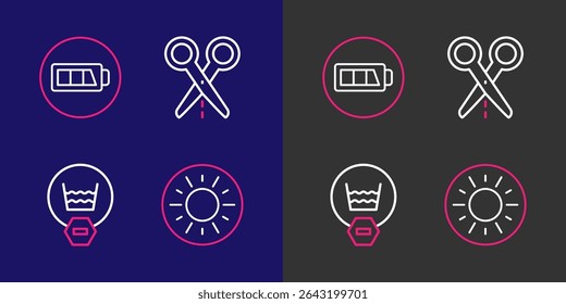 Set line Sun, Delicate wash, Scissors with cut line and Battery icon. Vector