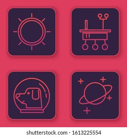 Set line Sun, Dog in astronaut helmet, Mars rover and Planet. Blue square button. Vector