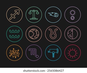 Set line Sun, Eclipse of the sun, Comet falling down fast, Planet Mercury, Aquarius zodiac, Sagittarius, Taurus and Libra icon. Vector