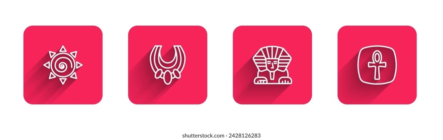 Set line Sun, Egyptian necklace, Sphinx and Cross ankh with long shadow. Red square button. Vector