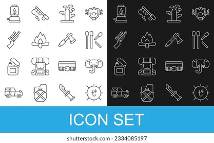 Fija línea Sun, Elephant, Matches, árbol africano, fogata, rifle francotirador con alcance, linterna de camping e icono de cera de madera. Vector