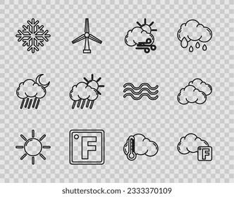 Fijar la línea Sol, Fahrenheit y nube, clima de viento, copo de nieve, nube con sol de lluvia, termómetro e icono. Vector