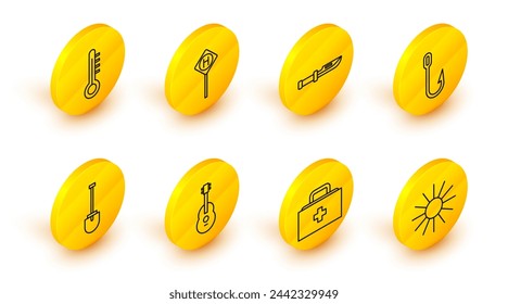 Set line Sun, First aid kit, Guitar, Shovel, Fishing hook, Camping knife, Parking and Meteorology thermometer icon. Vector