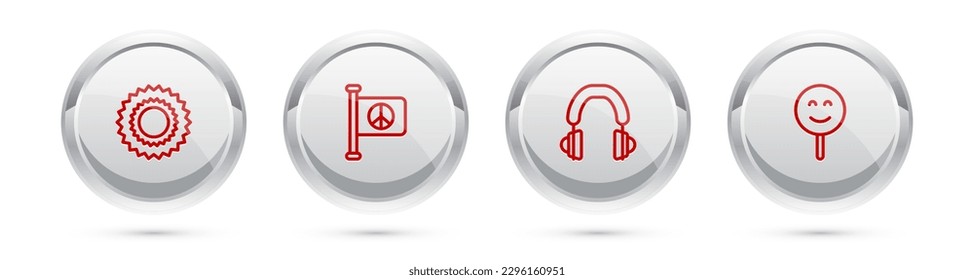 Set line Sun, Flag peace, Headphones and Smile face. Silver circle button. Vector